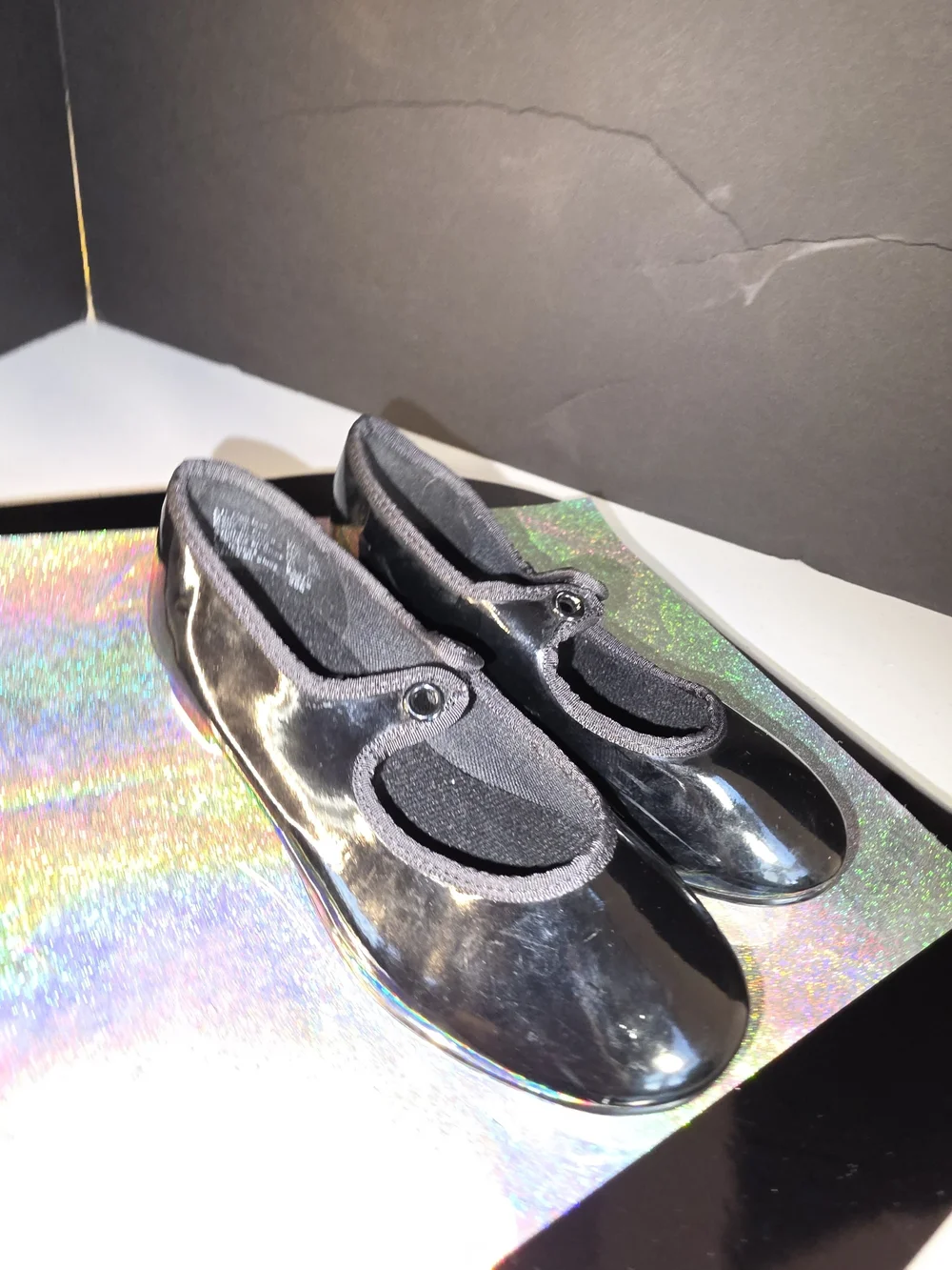 ABT American Ballet Theater Spotlights Black Patent Tap Jazz Shoes Sz 8.5 Flaw**
